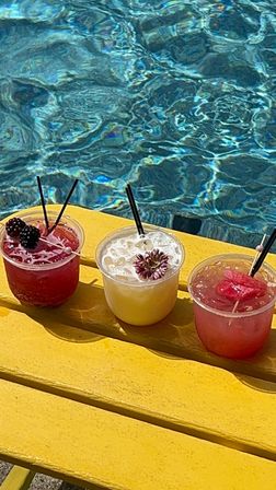 Vibrant poolside trio of cocktails in clear plastic cups with blackberry, edible flower, and watermelon garnishes set on a bright yellow bench beside shimmering blue pool water.