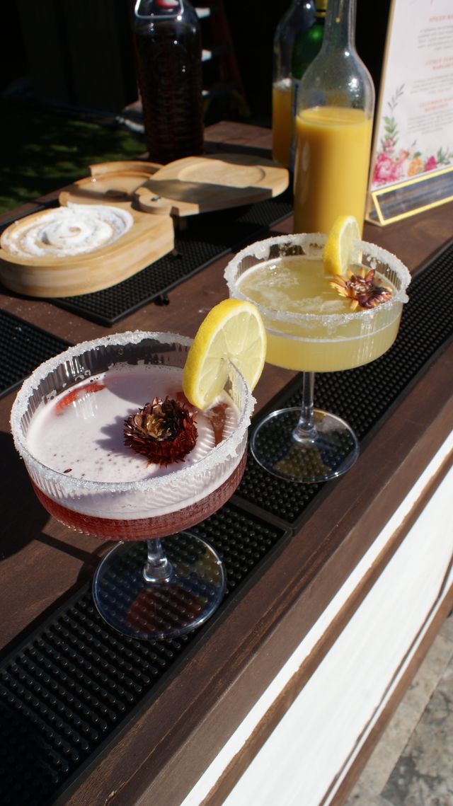 Sunlit outdoor bar counter with two cocktails — a pink floral-garnished drink and a lemon margarita with salted rims and lemon slices, juice bottles in the background for a summer patio vibe.