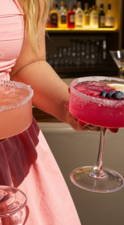 Two vibrant pink cocktails in coupe glasses with sugared rims and fruit garnishes, carried by a server in a pink dress at a bar with bottles and tulips in the background.