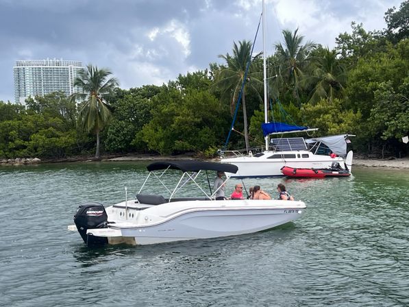 White motorboat with passengers under a black bimini cruising in green water near a palm‑lined tropical shore, anchored sailboat with red dinghy and high‑rise under cloudy sky.