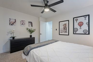 Cozy modern bedroom with white comforter, black ceiling fan, dark low dresser with potted plants, and framed hot-air-balloon and bicycle wall art