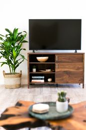 Modern living room: flat-screen TV on walnut media console with decorative shelves, potted plant in woven basket, light wood floor, blurred coffee table with succulent in foreground.