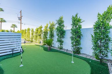 Residential backyard putting green with artificial turf and checkered golf flags, bordered by tall columnar hedges, a white block wall, slatted fence and palm trees under a clear blue sky.