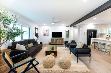 Bright open-concept living room and kitchen with dark sofa, two navy armchairs, woven poufs on a cream geometric rug, wooden coffee table and TV console, potted indoor tree by a large window, light hardwood floors and a white island with bar stools.
