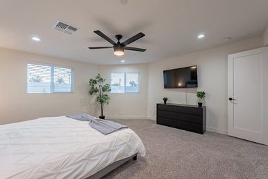 Spacious modern bedroom with white walls and neutral decor, king bed with white duvet and gray throw, large black ceiling fan, wall-mounted flat-screen TV above a black dresser, two windows with blinds, potted plants, and plush gray carpet.