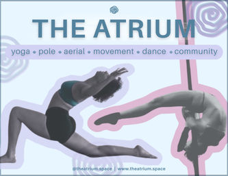 Stylized pastel poster of two performers—one in a deep lunge and one in an inverted pole backbend—promoting yoga, pole, aerial, movement and dance classes at a local fitness studio.
