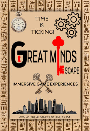 Promotional escape-room poster showing a vintage pocket watch and the phrase Time is ticking, black gears and a bold red key silhouette, crossed antique keys above the words Immersive game experiences, black city skyline and decorative Egyptian hieroglyph border.