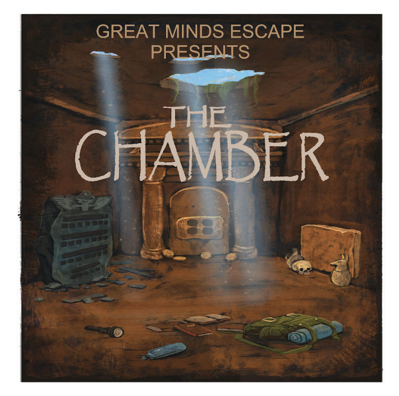 Escape-room poster titled 'The Chamber' showing a dim underground stone chamber with light beams through a ceiling hole, pillars, scattered backpack, flashlight, books and a skull — moody adventure scene.