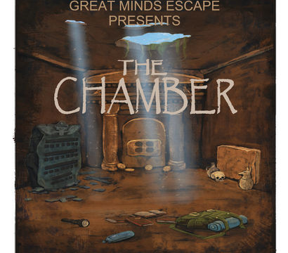 Escape-room poster titled 'The Chamber' showing a dim underground stone chamber with light beams through a ceiling hole, pillars, scattered backpack, flashlight, books and a skull — moody adventure scene.
