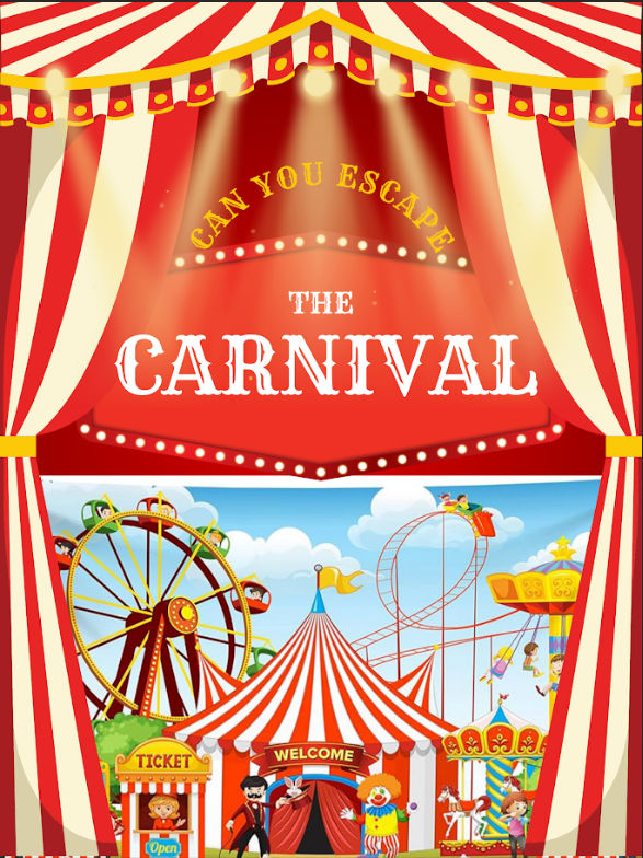 Bright carnival poster framed by red-and-white striped curtains and marquee lights, featuring a bold “The Carnival” sign, striped big-top tent with Welcome banner, ferris wheel, roller coaster, carousel, ticket booth, clown and ringmaster — cheerful family amusement park scene.