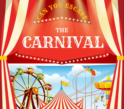 Bright carnival poster framed by red-and-white striped curtains and marquee lights, featuring a bold “The Carnival” sign, striped big-top tent with Welcome banner, ferris wheel, roller coaster, carousel, ticket booth, clown and ringmaster — cheerful family amusement park scene.