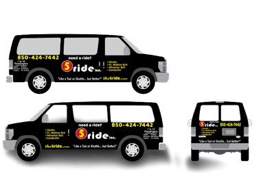 Three black shuttle vans with yellow-and-white graphics advertising a local beach ride/shuttle service to Destin, Fort Walton Beach, Miramar Beach and Sandestin, displaying a logo and contact details.