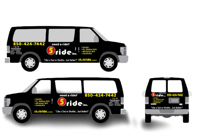 Three black shuttle vans with yellow-and-white graphics advertising a local beach ride/shuttle service to Destin, Fort Walton Beach, Miramar Beach and Sandestin, displaying a logo and contact details.