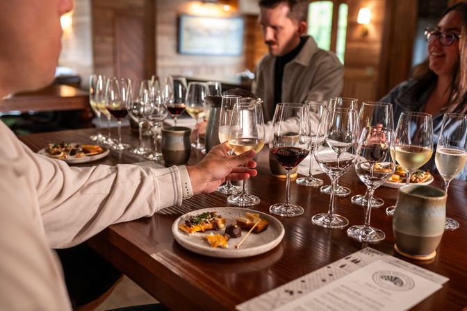 Hand reaching for a glass of white wine amid rows of red and white pours and small appetizer plates on a cozy rustic winery tasting-room bar, people chatting in the background.
