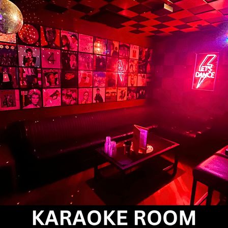 Red-lit karaoke room with disco ball, wall of vinyl album covers, black booth seating, low table with drinks and a menu, and a neon "Let’s Dance" sign.