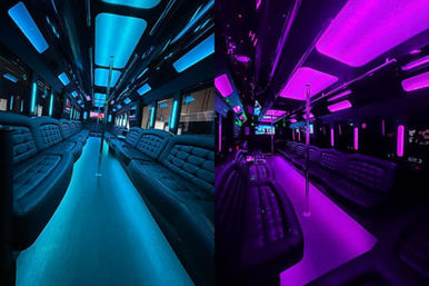 Empty party bus interior split into cyan and magenta neon scenes, LED ceiling panels, leather bench seating and chrome dance poles, nightclub-style lighting for urban nightlife events.