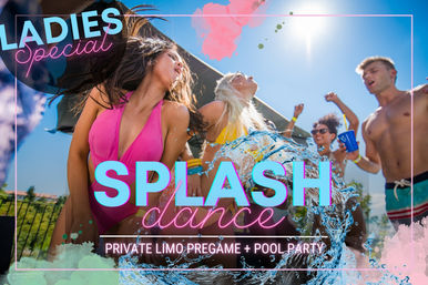 Promotional pool party poster showing young adults in colorful swimwear dancing and splashing at an outdoor pool under bright sun — 'Ladies Special' Splash Dance, private limo pregame + pool party.
