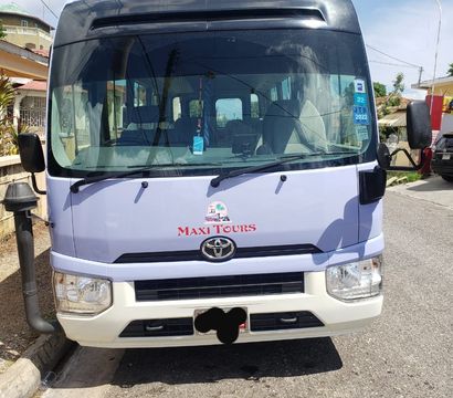 Front view of a light purple Toyota minibus tour shuttle parked on a sunny residential street, showing windshield inspection stickers, side mirrors, headlights, and overhead utility poles.