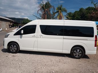 Side view of a white passenger van parked on a sunlit gravel lot under palm trees and a bright blue sky with low hills in the background.