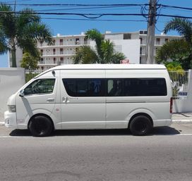 White passenger van parked on a sunny tropical urban street, palm trees and a multi-story white apartment building under a clear blue sky.