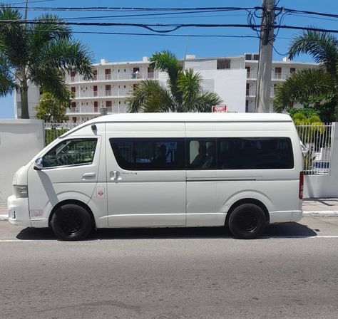 White passenger van parked on a sunny tropical urban street, palm trees and a multi-story white apartment building under a clear blue sky.