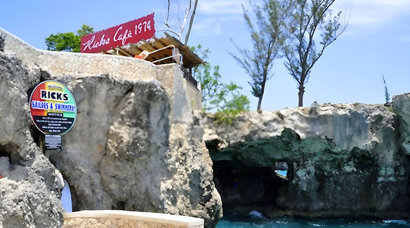 Cliffside seaside café scene with a colorful round sign, rugged limestone cliffs and a rocky sea cave opening to turquoise water beneath a bright blue sky and windswept tropical trees.