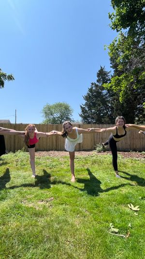 Sunny suburban backyard yoga: five people balancing in Warrior III pose in a row, holding hands above a green lawn with a wooden fence and trees in the background.