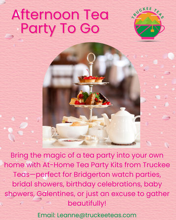 Pink promotional graphic of an at-home afternoon tea to-go kit: tiered pastry stand with desserts, white teapot and teacups, surrounded by falling petals.