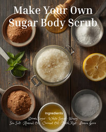DIY sugar body scrub flatlay on rustic wood — jar of sugar scrub surrounded by bowls of brown and white sugar, sea salt, honey, oils, fresh mint and a lemon half