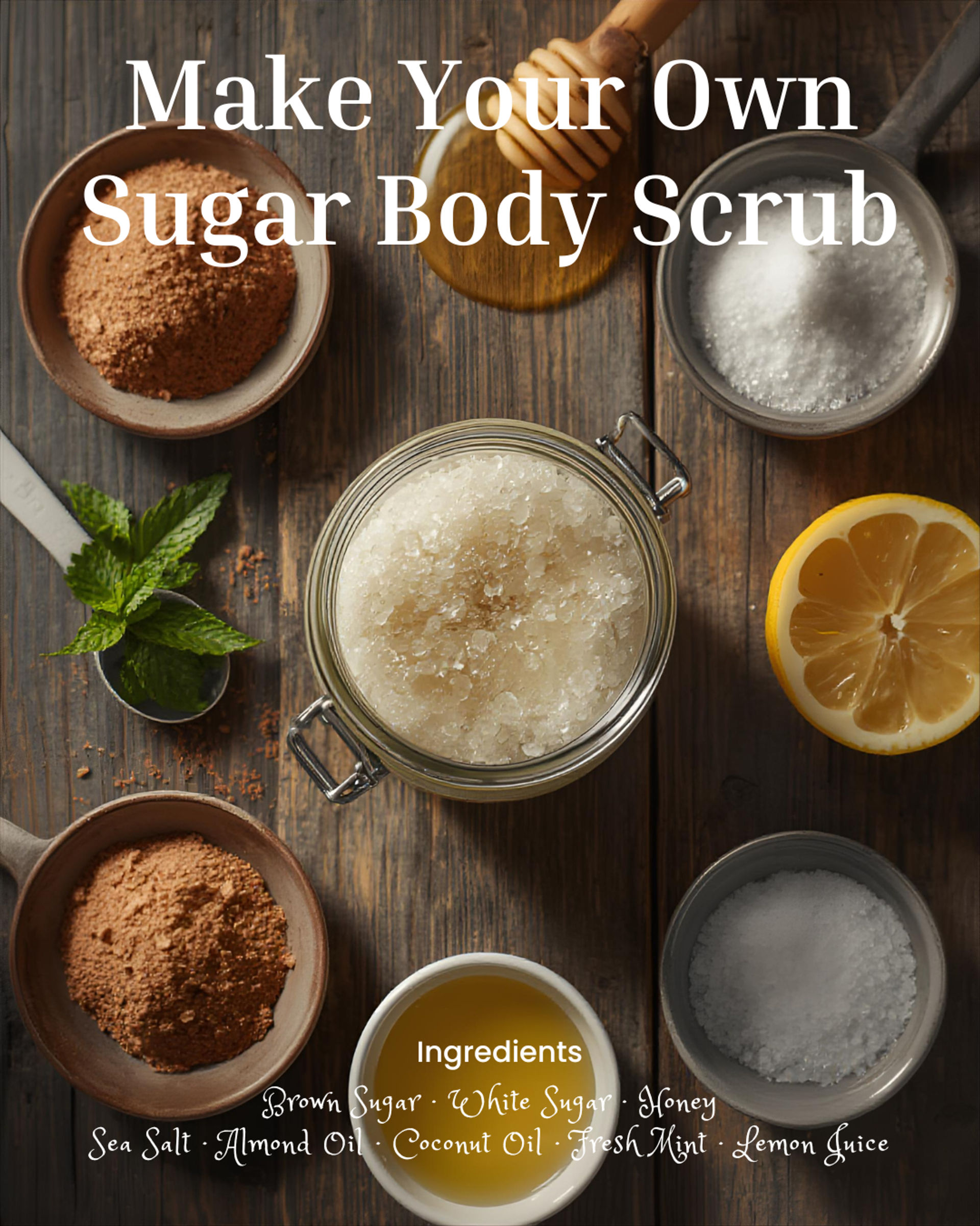 DIY sugar body scrub flatlay on rustic wood — jar of sugar scrub surrounded by bowls of brown and white sugar, sea salt, honey, oils, fresh mint and a lemon half