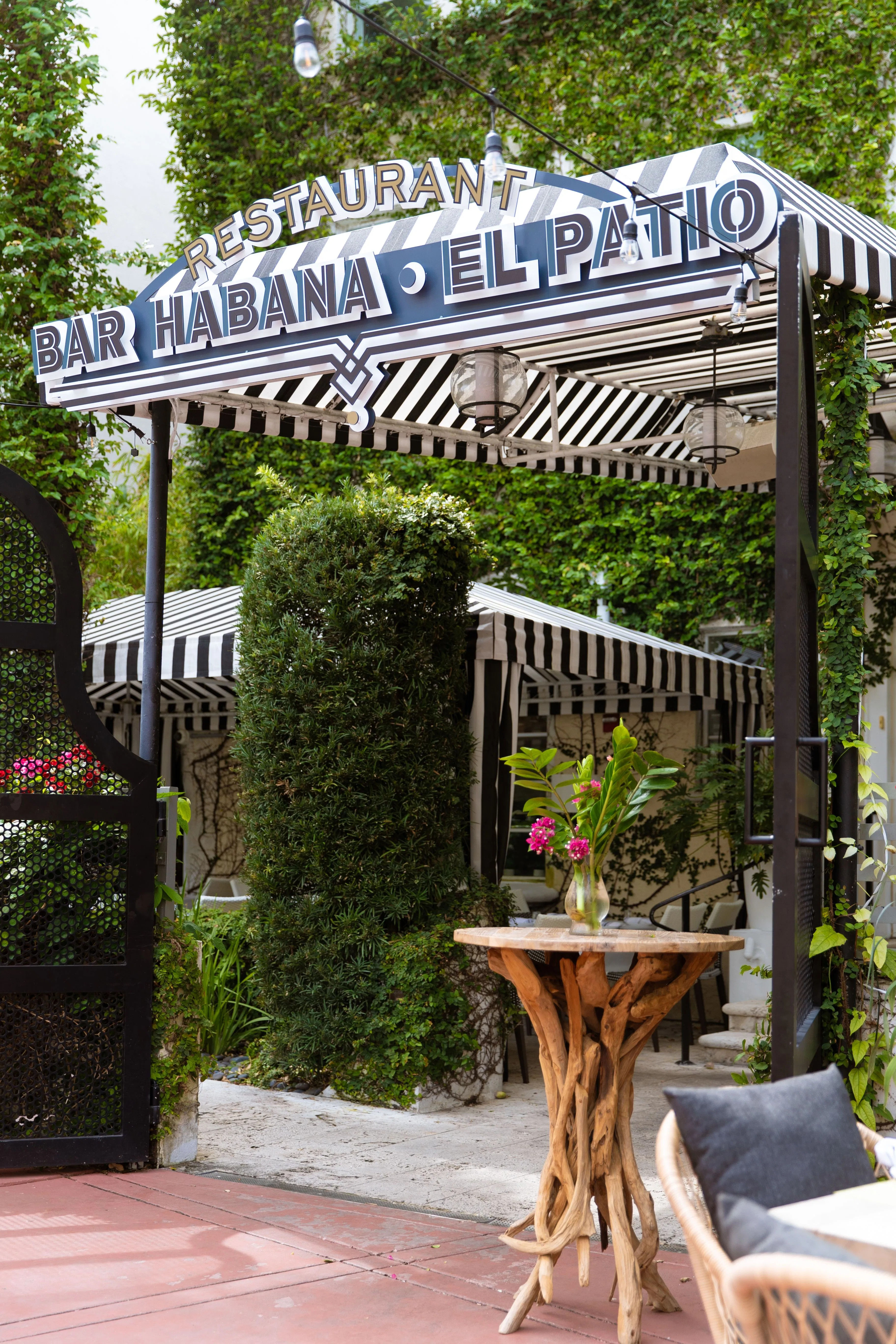 Garden restaurant patio entrance with black-and-white striped awning and marquee sign, lush green vines, string lights, and a rustic driftwood high table topped with a vase of pink flowers beside wicker seating.