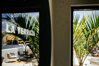 Sunlit glass door with a rooftop and pool sign and logo, palm fronds reflected in the glass and a bright outdoor lounge with chairs on a rooftop terrace.