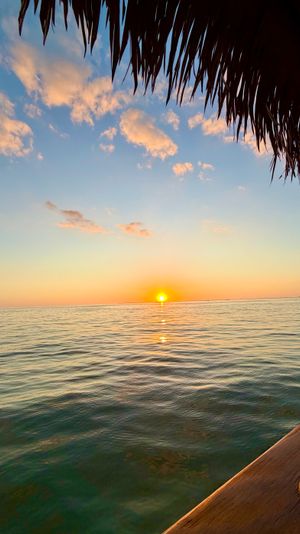 Tropical sunset over calm turquoise ocean, golden sun reflecting on rippled water beneath a palm-thatched roof with a wooden deck edge and a small sailboat on the distant horizon.