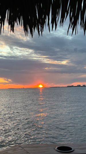 Tropical sunset over a bay with the sun dipping behind a distant bridge, thatched palm fronds framing the sky and an orange reflection on calm water