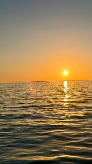 Golden sunset over calm ocean with the sun reflecting in a shimmering trail on rippling water and a lone sailboat on the distant horizon.