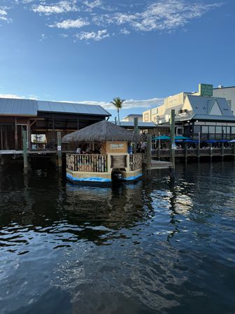 Floating tiki-bar with a thatched roof docked at a sunny marina, palm tree and waterfront restaurants reflecting on calm blue water