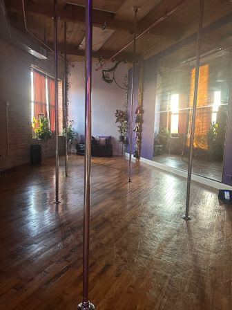 Sunlit urban loft pole studio with chrome poles, hardwood floors, mirror wall, plants and orange-curtained windows.