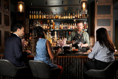 Upscale dimly lit cocktail bar — bartender pours a cocktail from a shaker while three patrons sit on barstools at a polished wood bar beneath warm pendant lights and shelves of spirits.