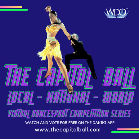 Poster of Latin ballroom dancers — woman in a yellow fringe dress and male partner in black posing mid-lift on a deep blue background with neon-style text promoting a virtual dancesport competition and voting app