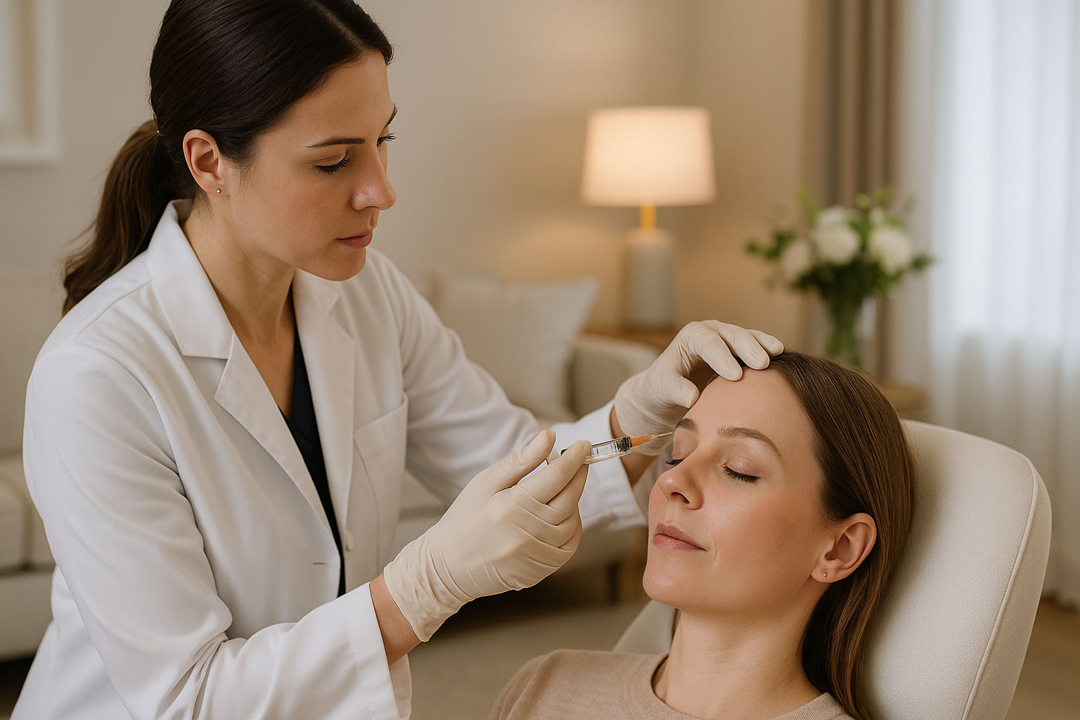 Aesthetic clinician in a white coat administering a cosmetic forehead injection (Botox/filler) to a relaxed woman in a bright treatment room