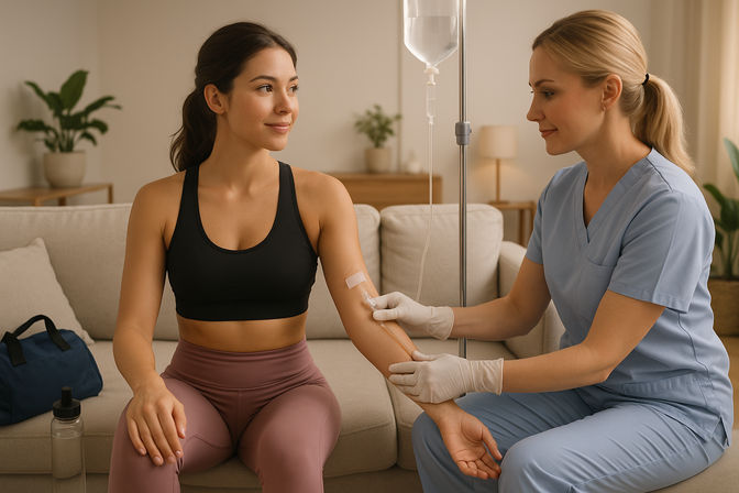 Nurse in blue scrubs applying an IV drip to a smiling woman in workout clothes seated on a living room sofa — at-home IV hydration and wellness recovery therapy.