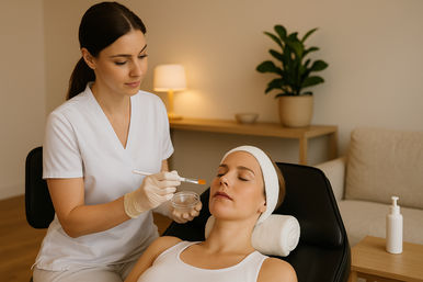 Esthetician in white uniform applies a facial mask with a brush to a relaxed client wearing a headband, in a cozy spa treatment room with soft lighting, a rolled towel, and a potted plant.