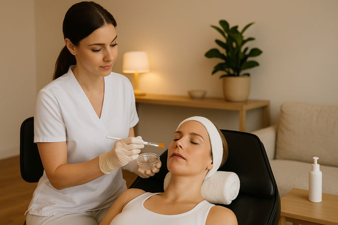 Esthetician in white uniform applies a facial mask with a brush to a relaxed client wearing a headband, in a cozy spa treatment room with soft lighting, a rolled towel, and a potted plant.