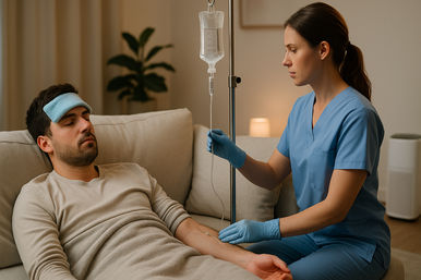 Home infusion therapy: nurse in blue scrubs adjusts an IV drip while a man rests on a living-room couch with a cooling pad on his forehead.