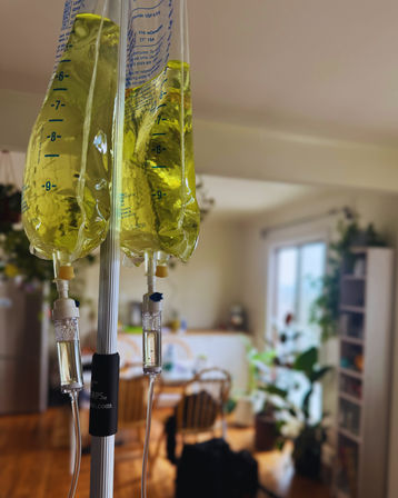 Two yellow IV fluid bags hanging from an IV pole in a sunlit home dining area with wooden chairs, potted plants and a blurred background