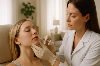 Patient receiving cosmetic lip and chin dermal filler injection from a clinician in gloves and a white coat in a bright aesthetic clinic treatment room