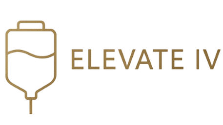 Gold line-art IV bag with a wavy fluid line and matching gold uppercase text beside it — modern IV therapy and wellness logo on a transparent background.