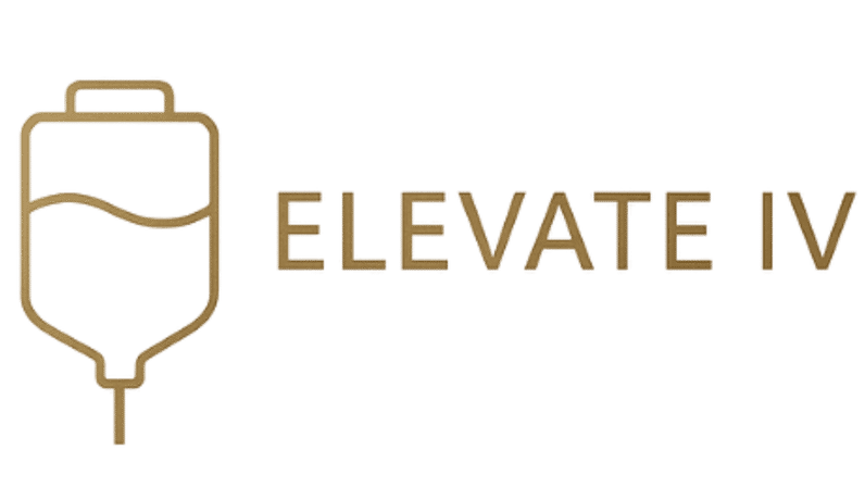 Gold line-art IV bag with a wavy fluid line and matching gold uppercase text beside it — modern IV therapy and wellness logo on a transparent background.