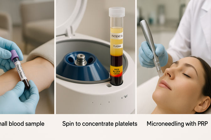 PRP facial process: gloved technician draws a small blood sample, a centrifuge tube shows separated plasma and red cells, and a clinician performs microneedling with platelet-rich plasma on a relaxed patient’s cheek.