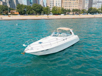Sleek white motor yacht on turquoise water near a tree-lined urban waterfront and downtown high-rise skyline